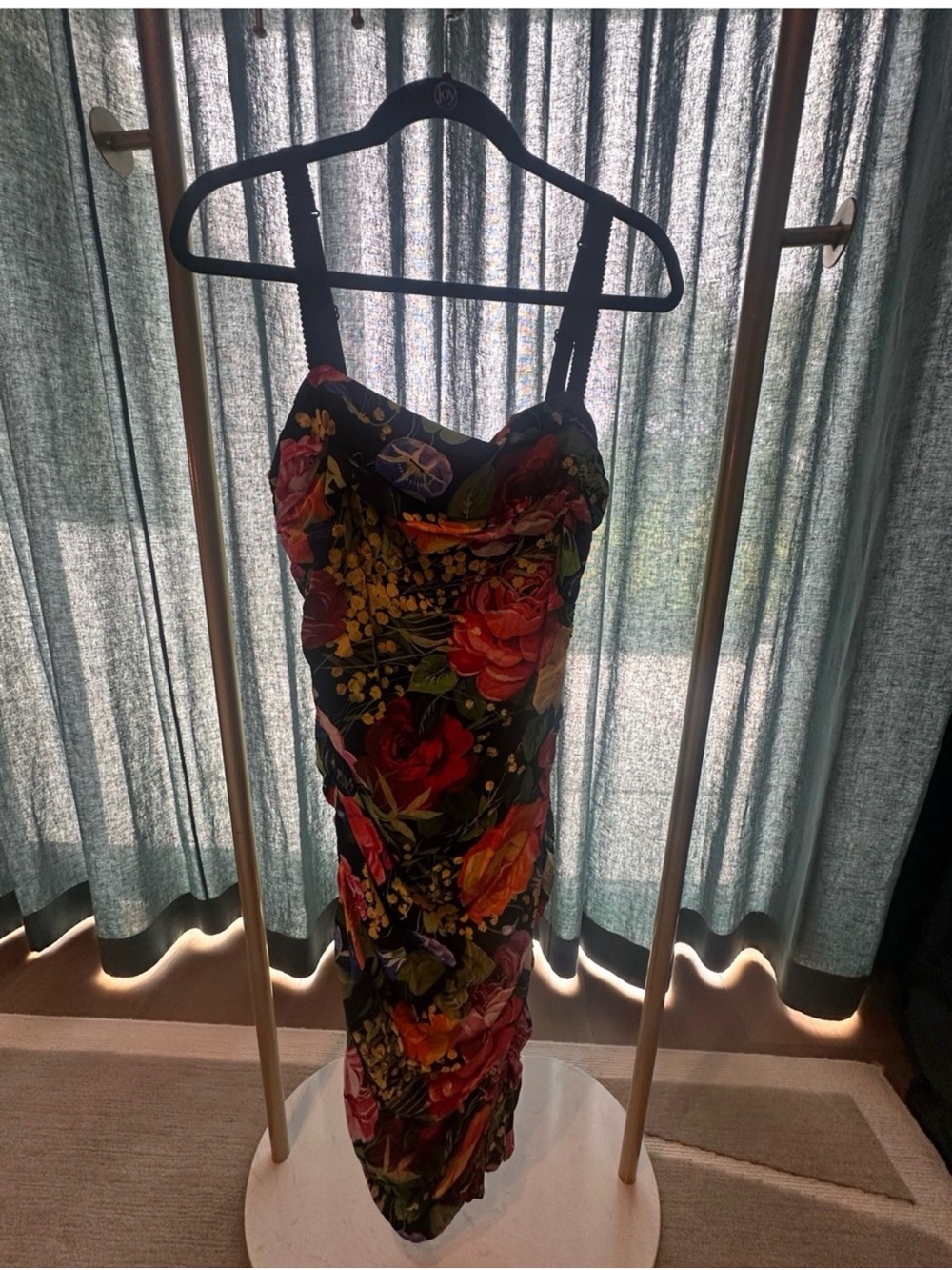 Dolce Gabbana Floral Black Bodycon Midi Dress with Bold Rose Print